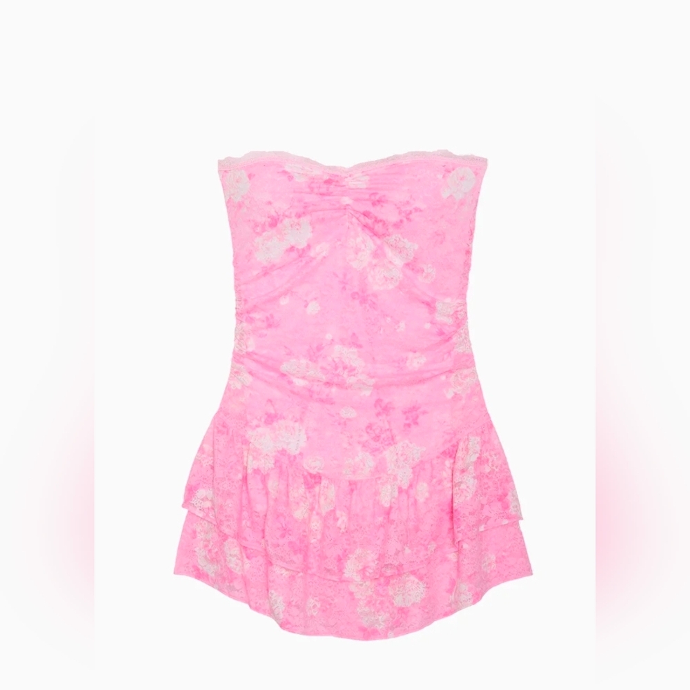 LoveShackFancy x PINK Pink Floral Strapless Lace Mini Dress - Picture 4 of 6